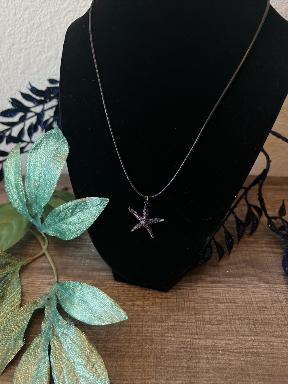 Iridescent Dark Purple Starfish Pendant Necklace on Black Cord 18.5” Coastal